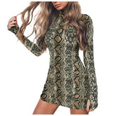 Autumn V-neck Short Sleeve  Party Dress Snakeskin Print Vintage Tassels Cocktail Flapper Mini Dress Bodycon Dress